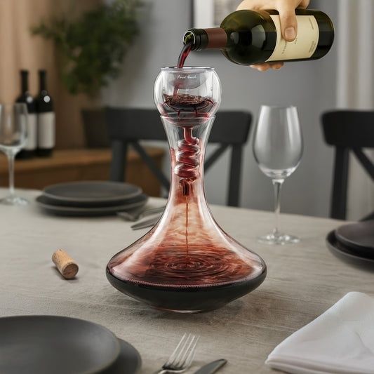 Red wine being poured into a glass decanter for aeration